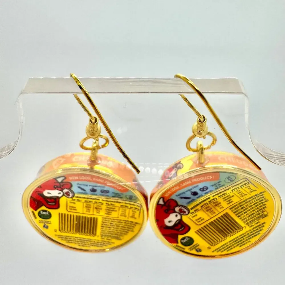 Gold Laughing Cow Earrings - Metallic Cheese Dangles - Playful Foodcore Style